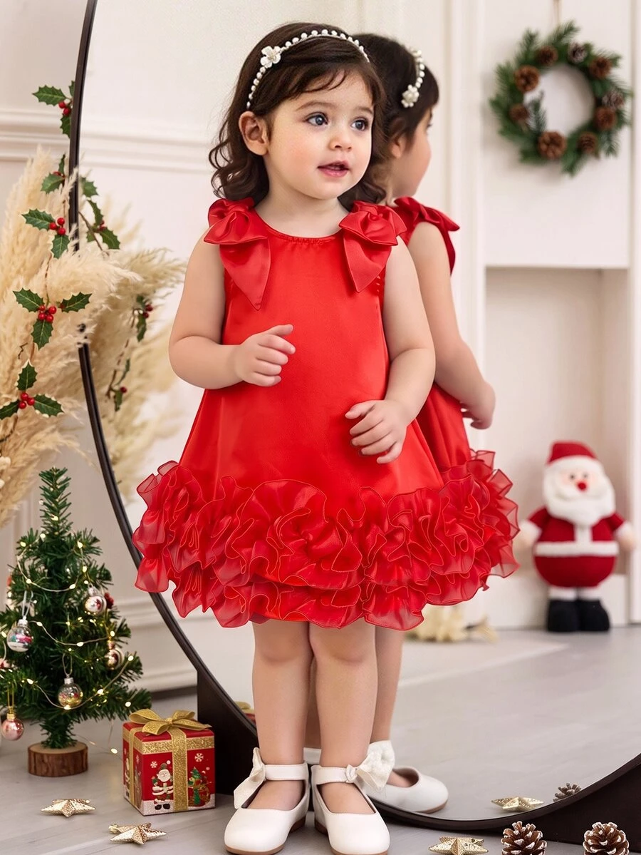 Gaun Bayi Perempuan Ruffle Patchwork dengan Hiasan Pita Warna Burgundy, Cocok untuk Gaun Ulang Tahun, Gaun Tamu Pernikahan, Gaun Natal - Merah - View 1