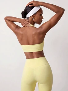 Zivah Women's Solid Color Cropped Halter Tank Top And Leggings Sports Set - Yellow - View 2