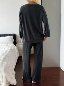 DAZY 2pcs Halloween Pattern Loose Long Sleeve Long Pajama Pants Women's Sleepwear Set - Dark Grey - View 2