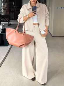Dazy Plus Spring/Autumn Long Sleeve Striped Cropped Jacket High Waist Loose Casual Commute Street Straight Leg Jeans Set - Beige - View 5