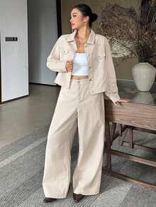Dazy Plus Spring/Autumn Long Sleeve Striped Cropped Jacket High Waist Loose Casual Commute Street Straight Leg Jeans Set - Beige - View 4