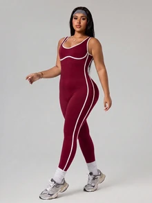 SHEIN Rhythm Era Women's Plus Size Colorblock Trim Sleeveless Fitted Athletic Jumpsuit - Burgundy - View 4