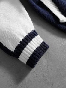 ROMWE MEN Men's Fashion Embroidered Zipper Contrast Color Long Sleeve Sweater - Blue and White - View 5