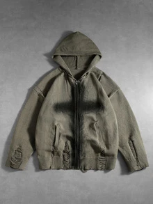 ROMWE MEN Men's Casual Zip-Up Hooded Cardigan, Versatile For Daily Wear And Travel - Army Green - View 1