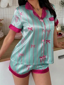 SweetSlumber 甜美可愛 Ins 風鮮豔浪漫蝴蝶結條紋印花翻領鈕扣前襟緞面女款睡衣套裝 - 薄荷綠 - 查看 5