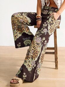 Bohemela Women's High Waist Baggy Wide Leg Floral Leopard Print Patchwork Denim Jeans With Belt Vacation Fall Boho - Multicolor - View 5