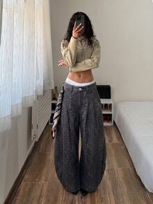 Jeanoix Petite Y2K Women's Denim Wide Leg Pants - Multicolor - View 4