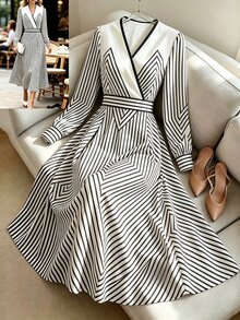 GlowEve Fall Clothes FOR WomenWomen's V-Neck Striped Casual Party Midi Dress - Black and White - View 3