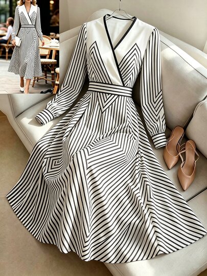 GlowEve Fall Clothes FOR WomenWomen's V-Neck Striped Casual Party Midi Dress