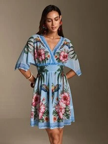 SHEIN Swim 2026SS 春夏新款椰子樹印花度假海灘海邊休閒熱帶風女款罩衫洋裝 淺藍色 - 藍色 - 查看 5
