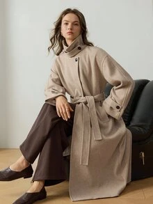 Dazy-Less Women's Solid Color Dropped Shoulder Long Sleeve Single-Breasted Casual Overcoat Fall - Apricot - View 1