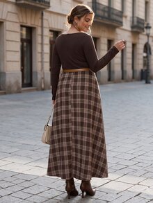 Chikora Plus Size Women's Patchwork Plaid Square Neck Long Sleeve Elegant Dress - Brown - View 2
