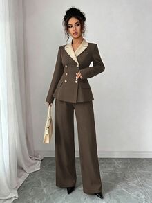 Elenzga 女款優雅通勤長袖對比領收腰A字長版西裝套裝，適合日常穿著、辦公通勤及多種場合，春秋款 - 咖啡棕 - 查看 5