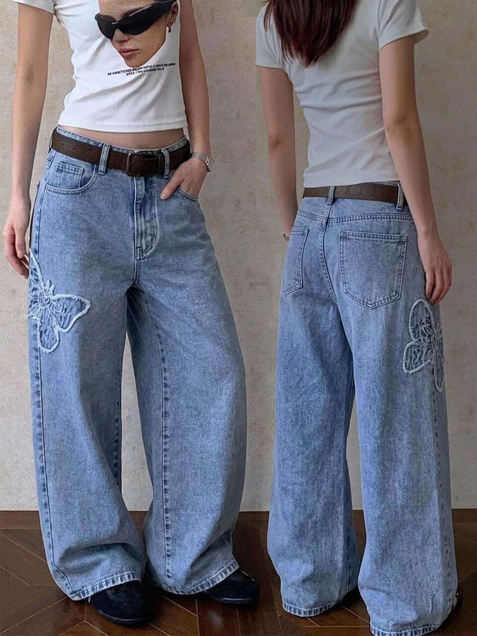 Women's Butterfly Patchwork Straight Leg Jeans Fall