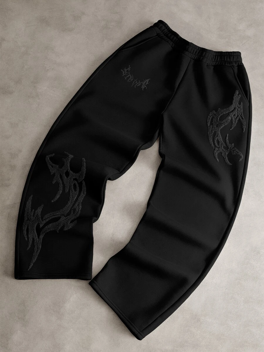 PAVTROS 男士街頭哥德風 3D 刺繡直筒運動長褲，寬鬆版型，中性款，街頭休閒風，舒適運動長褲 - 黑色 - 查看 1