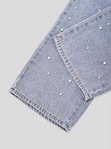 SHEIN Tween Girls' Y2K Cute Shiny Rhinestone Pearl Embellished Denim Jeans, Casual Fit, Loose Wide-Leg Washed Pants School Family Light Blue Summer - Blue - View 3