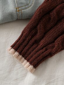 SHEIN 少女復古刺繡麻花針織時尚長袖毛衣 - 棕色 - 查看 5