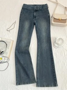 Elamini Women's Casual Denim Flare Pants With Waist Ring Connector - Blue - View 3