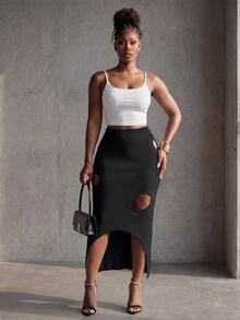 BamGlimmer Women's Cutout Design Asymmetrical Hem Knit Design Skirt - Black - View 6