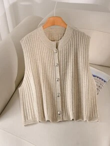 CosyJoli Plus Size Elegant French Casual Ribbed Knit Sweater Top With Metal Buttons, Minimalist Versatile For Women Winter - Apricot - View 5