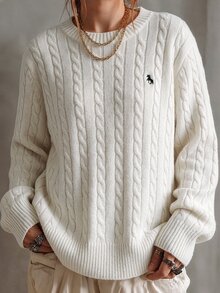Linhara CURVE Plus Size Women's Round Neck Horse Embroidery Pattern Casual Daily Long Sleeve Sweater Winter - White - View 1