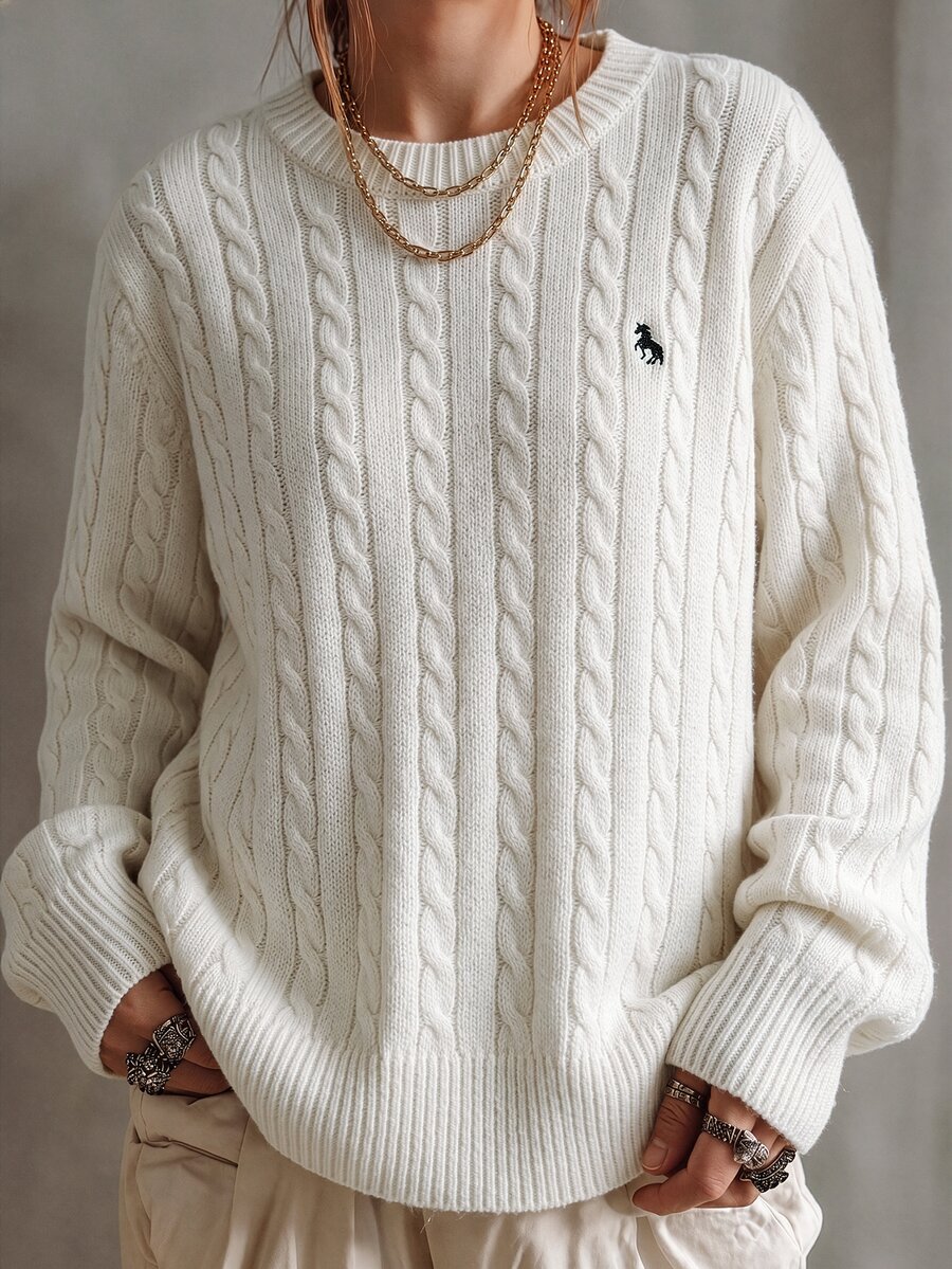 Linhara CURVE Plus Size Women's Round Neck Horse Embroidery Pattern Casual Daily Long Sleeve Sweater Winter - White - View 1