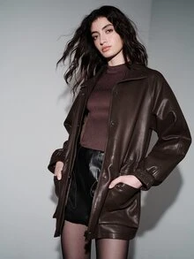 Anewsta Jaket Wanita Oversize Kulit Imitasi Serbaguna dengan Tali Serut di Pinggang, Leher Tinggi, dan Resleting. - Coklat - View 6