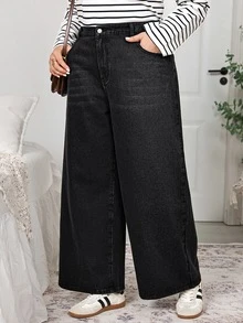 SHEIN CURVE+ 大尺碼女款休閒日常牛仔褲，附口袋與鈕扣設計 - 黑色 - 查看 6