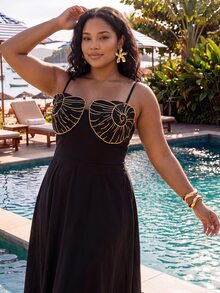CAJUNI Plus Size Vacation Fashion Embroidered Spaghetti Strap Dress - Black - View 6