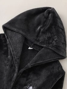 男童深灰色純色蜘蛛刺繡極簡時尚長袖連帽抽繩睡袍居家服 - 深灰色 - 查看 5