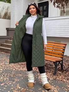 SHEIN EZwear 秋冬大尺碼加厚腰部抽繩可調節寬鬆長版外套，雙面穿 - 軍綠色 - 查看 7