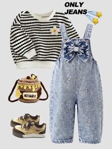 Genkimix Kids 女嬰牛仔吊帶褲，全新四季款，時尚甜美設計，淺藍色牛仔布，胸前大 3D 蝴蝶結，裝飾小雛菊刺繡，寬鬆直筒版型，柔軟舒適面料，適合日常穿著、度假、旅行等多種場合，女童全新四季度假牛仔褲 - 淺色水洗藍 - 查看 3