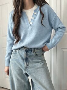 DAZY 女款鬆弛版拼接色亨利領上衣，2合1柔軟針織毛衣 - 藍色 - 查看 6