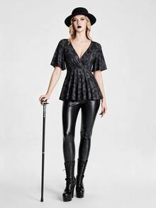 Breakform Women's Summer Gothic Dark Style Snake Print Knit Fabric V-Neck Ruffle Sleeve Short Sleeve Solid Color Cross Wrap Casual Hem T-Shirt - Multicolor - View 3