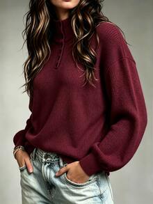 Trelyra Women's Solid Color Casual Daily Long Sleeve Sweater - Burgundy - View 4