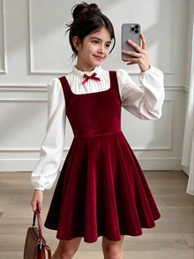 SHEIN ChillGRL Streecool 青少年女孩休閒可愛優雅大學風純色拼接長袖休閒短洋裝 派對穿搭 白色酒紅色 秋季 - 酒紅色 - 查看 7