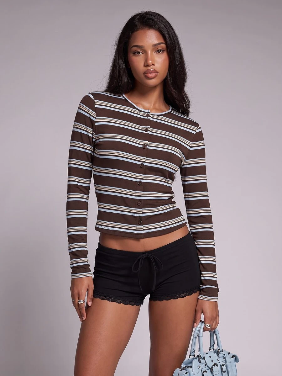 Nooralise Fashionable Sporty Style Multi-Color Striped Button-Up Cardigan T-Shirt - Multicolor - View 1