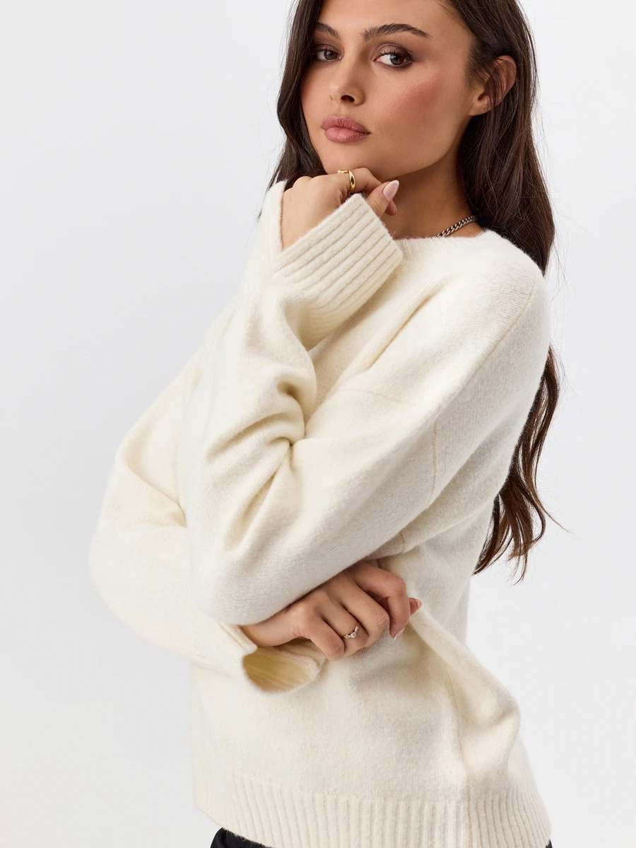 KÆRIA Hus Sculpted Split Cuff Jumper - Soft Touch Knit - Ivory - Elegant, Luxury, Casual, Layering, Modern - White - View 1