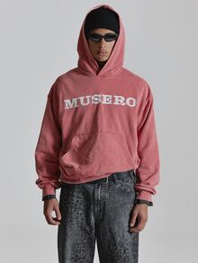 Oversized Washed Base Hoodie Front "MUSERO" Graphic Kangaroo Pocket Autum Winter Essentials - Pink - View 1