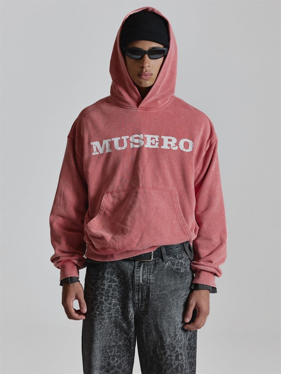 Oversized Washed Base Hoodie Front "MUSERO" Graphic Kangaroo Pocket Autum Winter Essentials - Pink - View 1