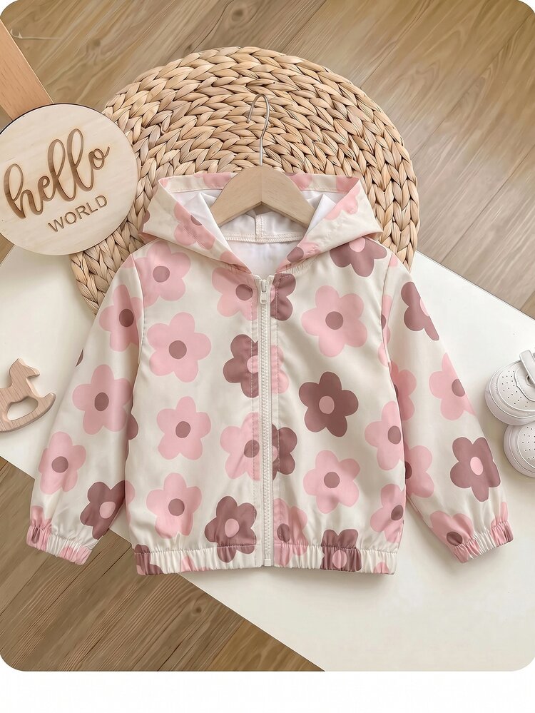SHEIN 女嬰可愛休閒粉色花卉圖案連帽秋季外套 - 彩色 - 查看 2