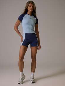 Musera Sport Stripe Contrast Colour Sides Low Rise Coord Mini Short Fall Autumn Winter Gym Active Pilates Motion - Navy Blue - View 2