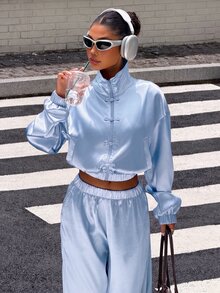 Muchica Women's Casual Streetwear Comfortable Light Blue New Chinese Style Satin Long Sleeve Set, Autumn/Winter Everyday Going Out Day Time - Baby Blue - View 4