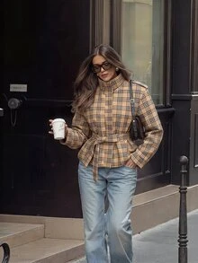 SHEIN Mantel trench pendek lengan panjang longgar dengan ikat pinggang yang memberikan efek ramping. - MultiWarna - View 7