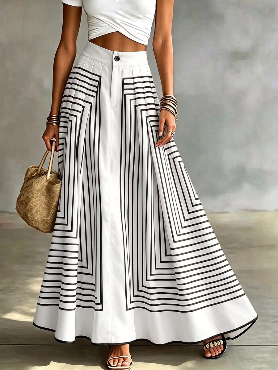 SHEIN Franclia تنورة كاجوال للعطلات مخططة ومكسرة - أبيض - مشاهدة 1