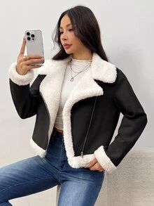 SHEIN EZwear 女款麂皮絨機車夾克外套，泰迪絨內裡，前開襟設計，秋冬款 - 黑色 - 查看 6