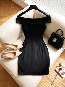 GlowEve CURVE Plus Size Women's Fashion Elegant Off-Shoulder Ruched Waist Glossy Knit Bodycon Mini Dress, Suitable For Daily Commute, Party, Gathering And Evening Wear - Black - View 2