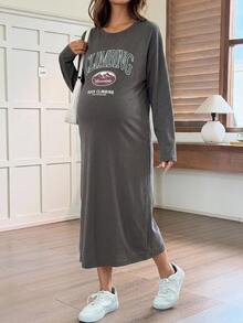 Dazy Maternity Letter Print Loose Long Sleeve Maxi Casual Daily Vacation Spring Autumn Maternity Dress - Grey - View 3