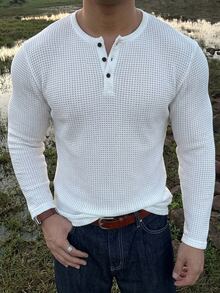 DAZY Spring/Autumn White Round Neck Half-Button Waffle Texture Fabric Long Sleeve Men's T-Shirt - White - View 1