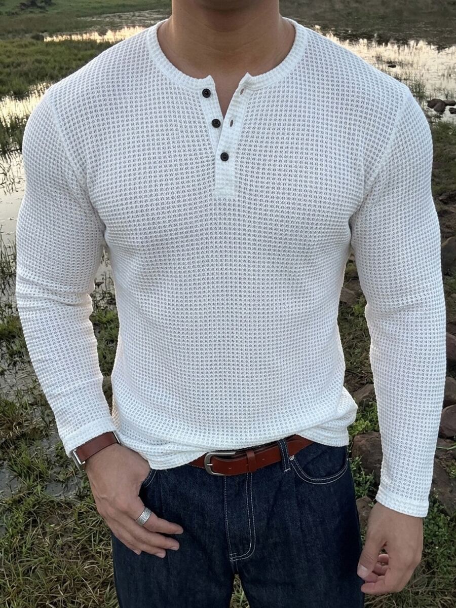 DAZY Spring/Autumn White Round Neck Half-Button Waffle Texture Fabric Long Sleeve Men's T-Shirt - White - View 1